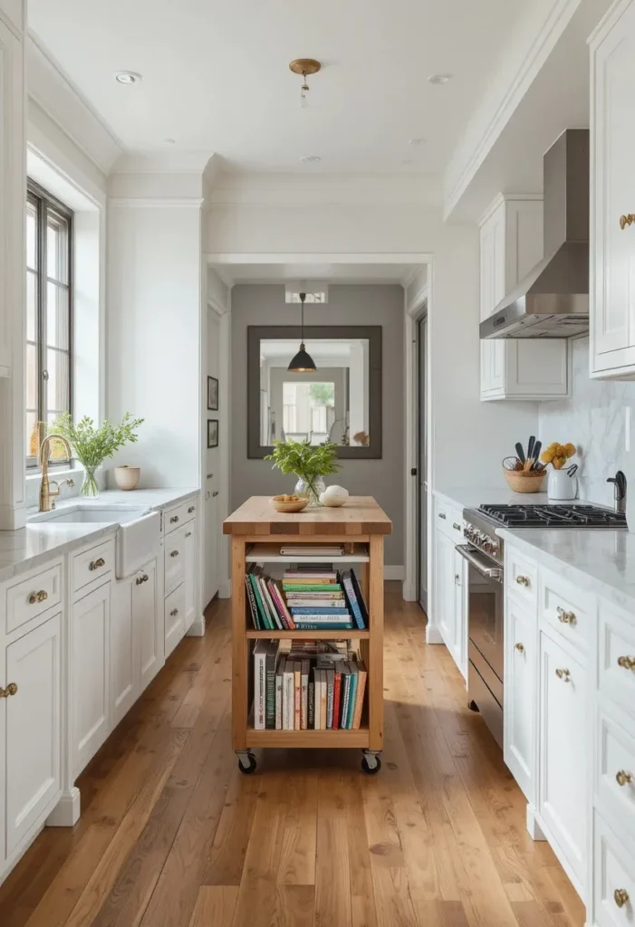 Galley kitchen featuring a slim rolling island with butcher block top and built-in storage.