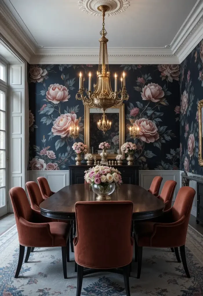 Dining room featuring dramatic dark floral wallpaper with elegant furnishings and warm lighting.