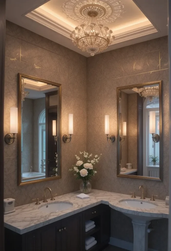 Layered lighting design creating a warm and inviting bathroom atmosphere.