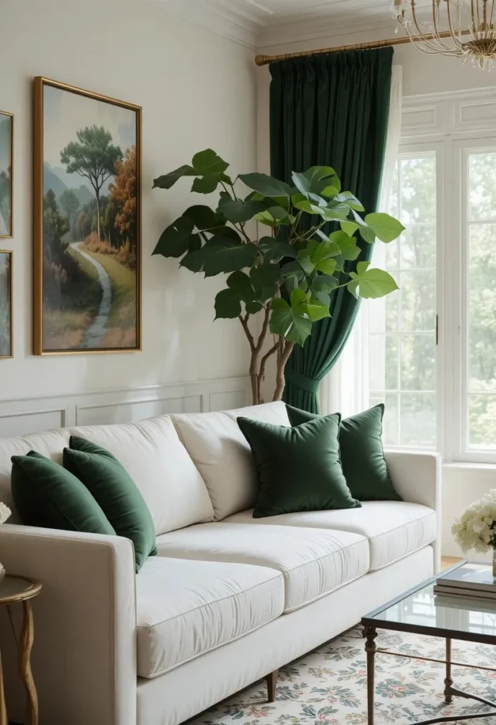 White couch styled with forest green accents for a refined natural look.
