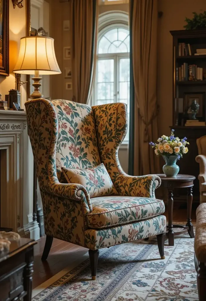Patterned wingback chair creating a classic reading corner in a living room.