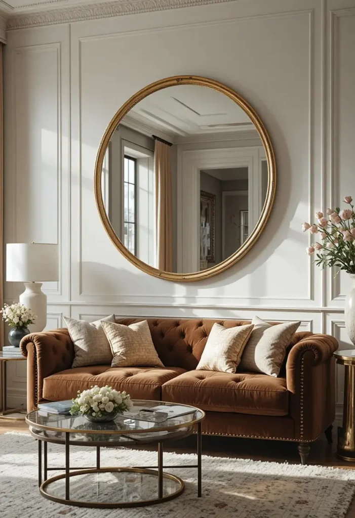 Large decorative mirror hung above a brown couch.