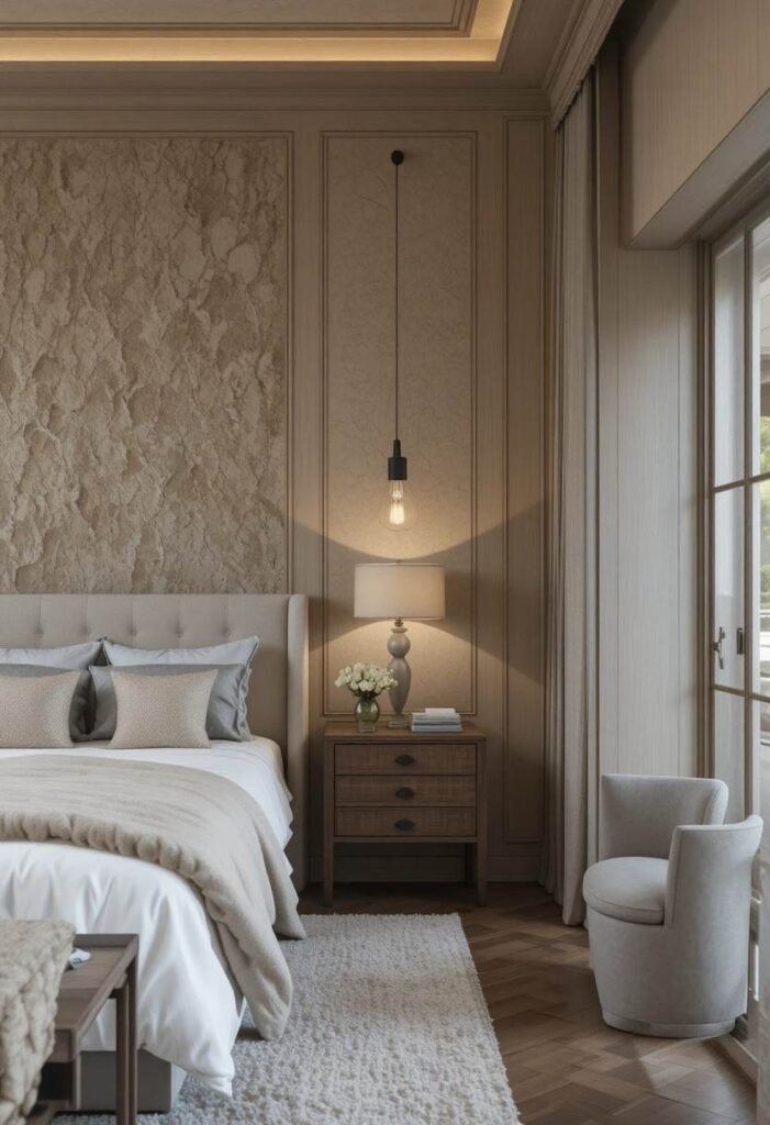 Bedroom with a textured accent wall creating depth behind the bed.
