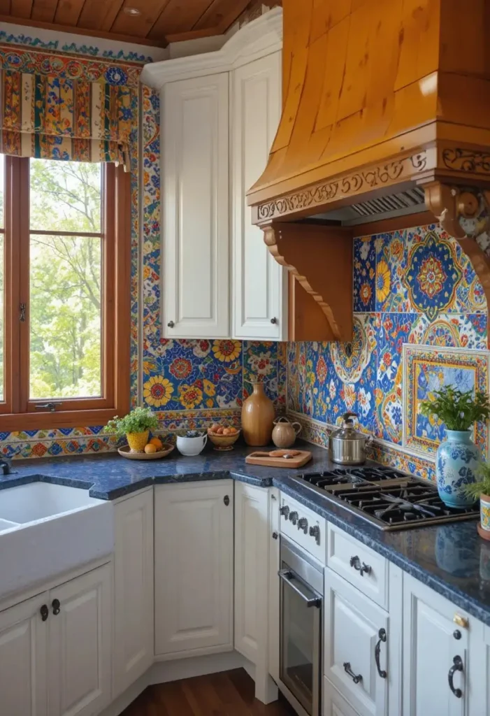 Colorful Talavera tile backsplash bringing artistic personality to a kitchen.
