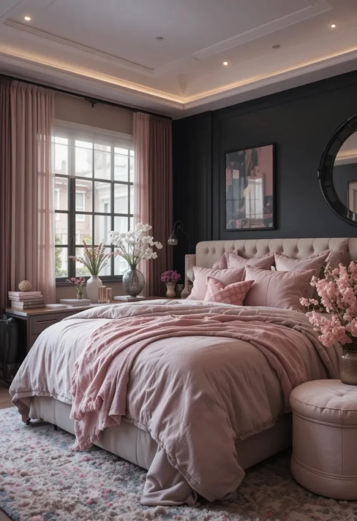 Black bedroom softened with blush pink accents and warm lighting