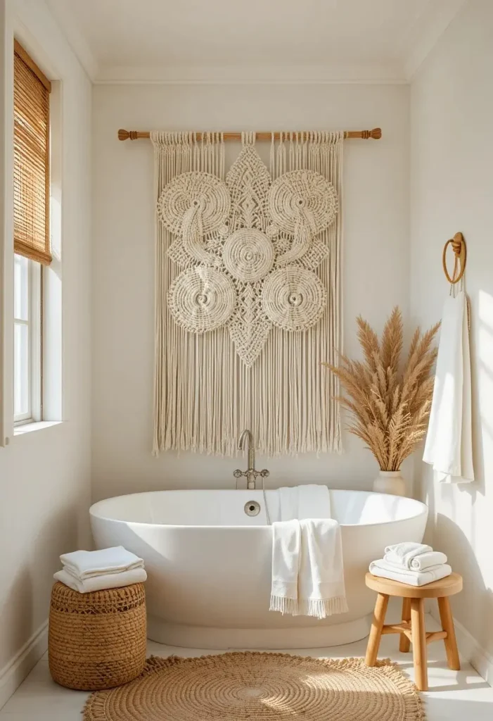 Cream macrame wall art adding texture to a cozy bathroom.