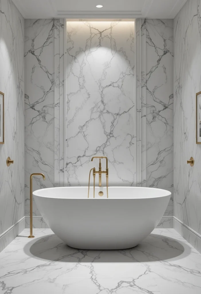 White marble bathroom with luxurious spa-inspired design