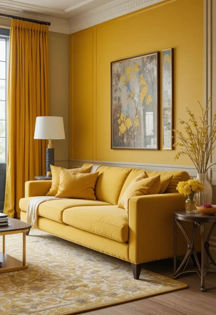 Yellow couch styled with multiple shades of yellow for a cohesive monochromatic design.