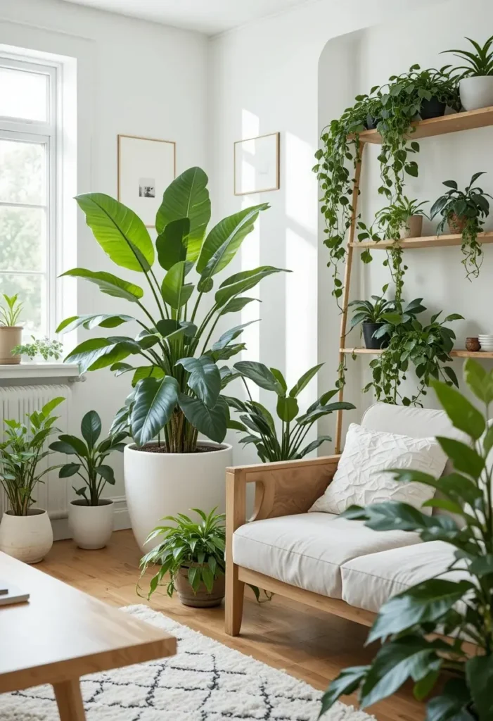 Scandinavian living room enhanced with indoor greenery and natural decor.