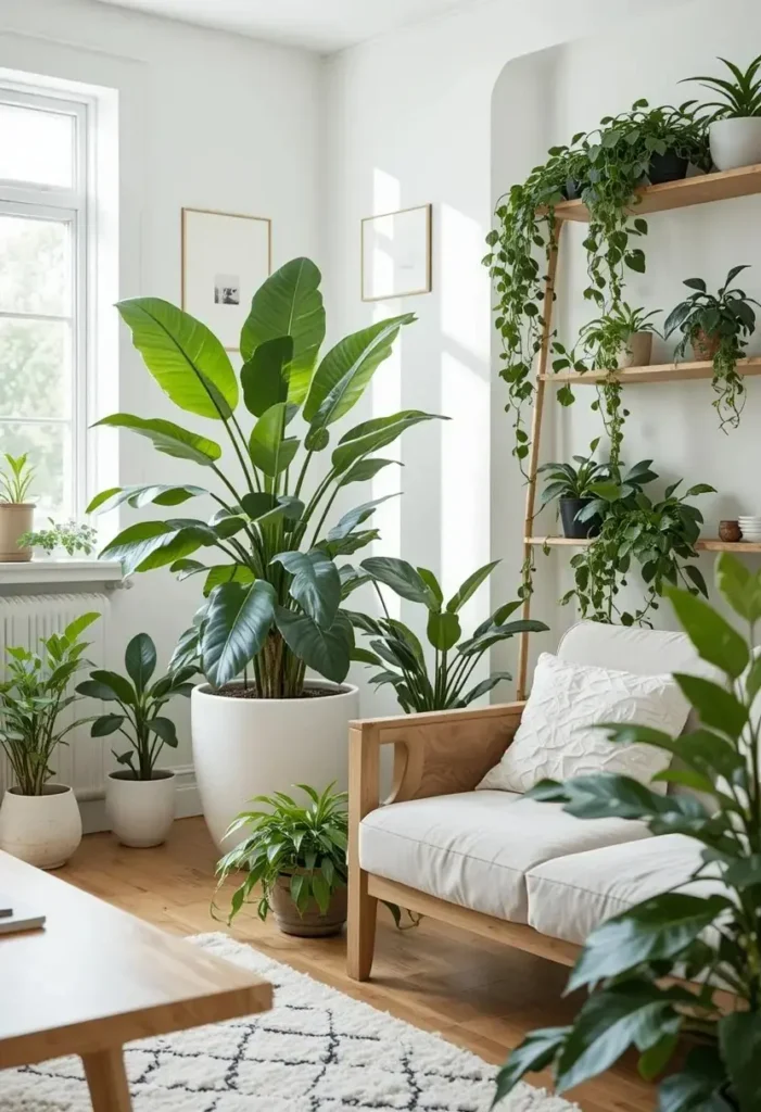 Scandinavian open shelving styled with books, plants, and simple decorative objects.