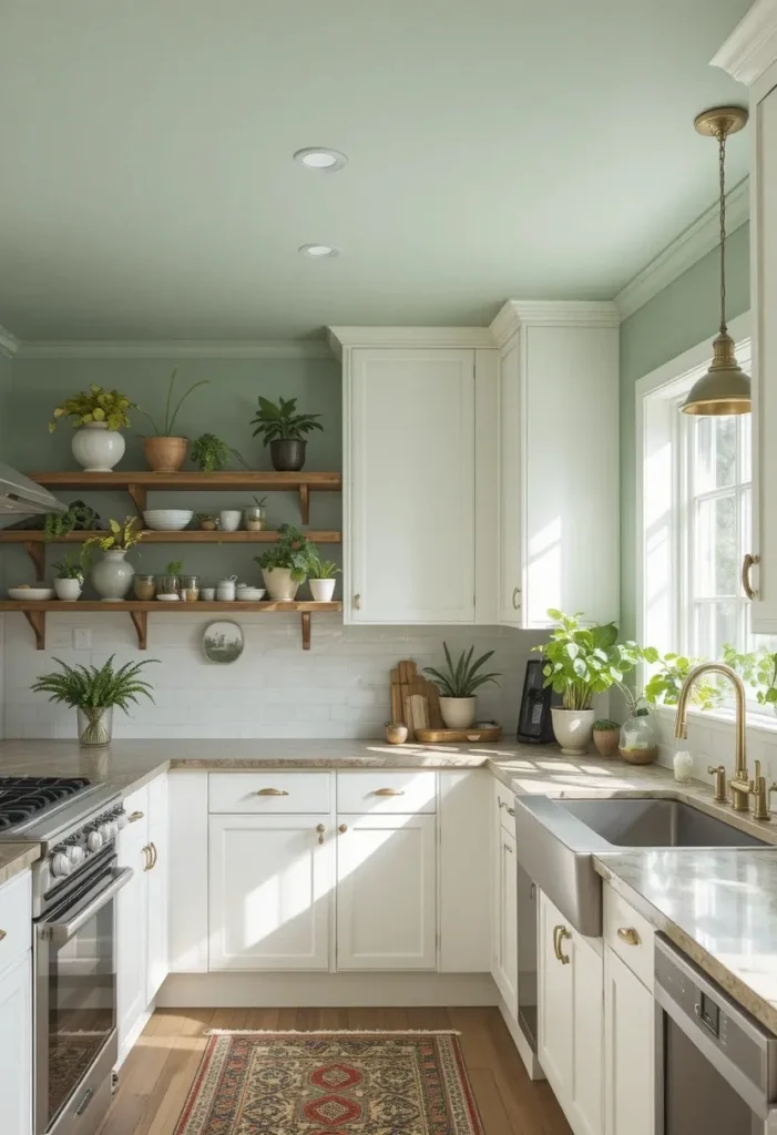 Kitchen featuring a calming sage green painted ceiling.