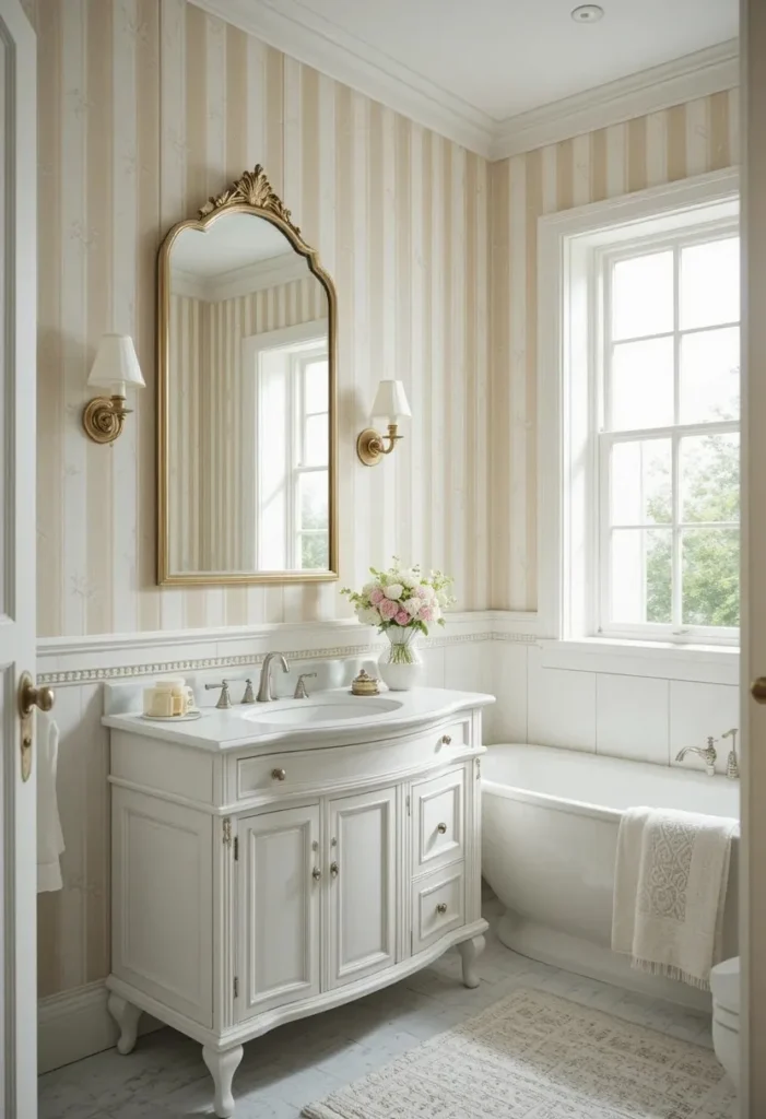 Vertical striped wallpaper making a bathroom feel taller and brighter.