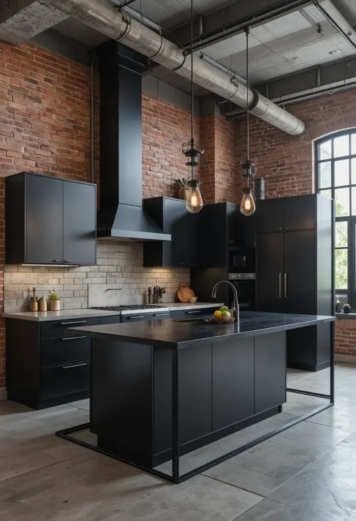 Industrial L-shaped kitchen featuring exposed brick walls and a black island.