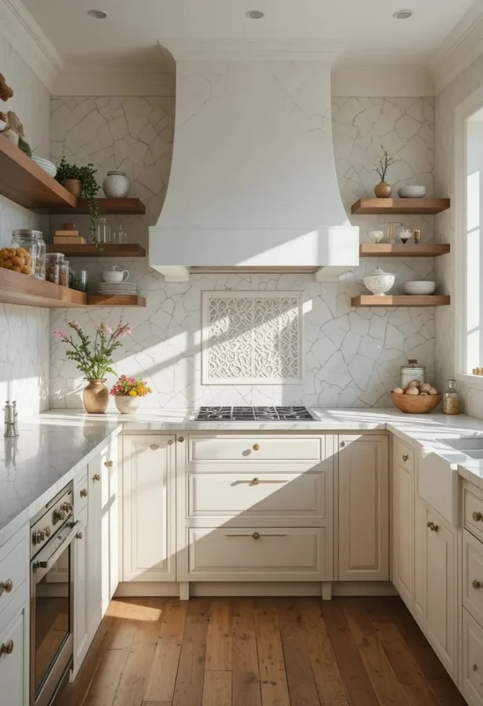 Handmade zellige tile backsplash adding texture and character to a kitchen.