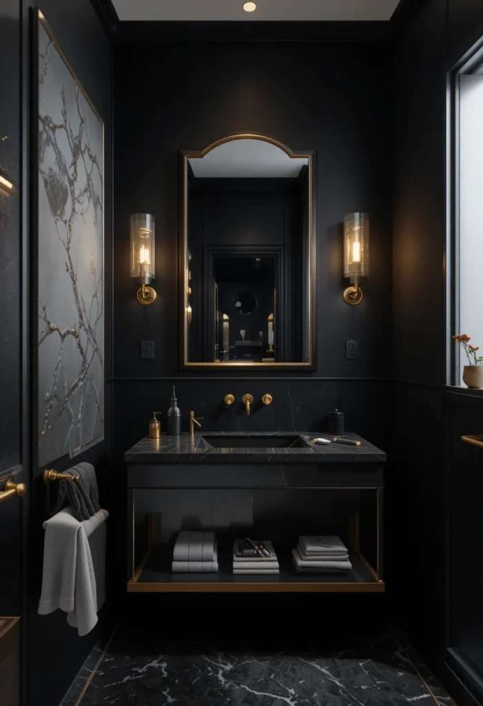 Elegant black bathroom with warm brushed brass fixtures and accessories.