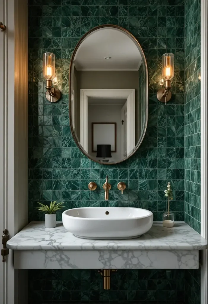 Forest green tiled bathroom with brass details and elegant styling