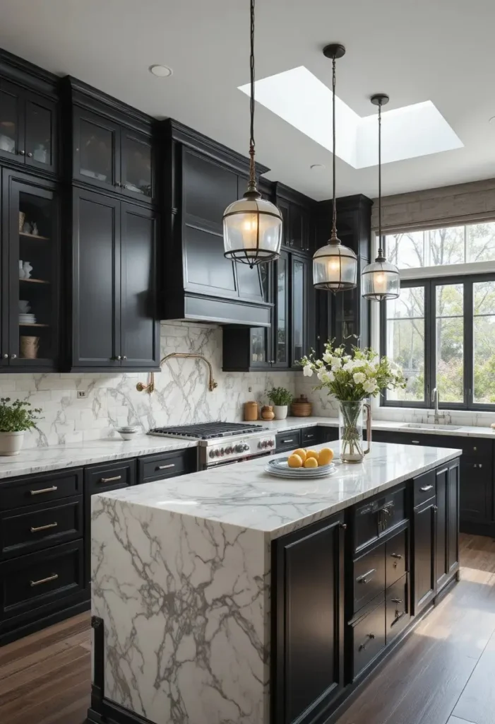 Two-tone cabinetry in a U shaped kitchen with matching center island.