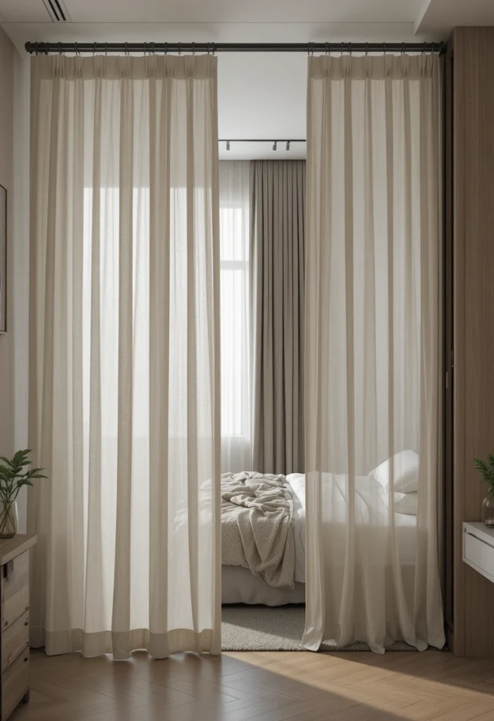 Floor-to-ceiling curtain divider creating flexible privacy between zones.