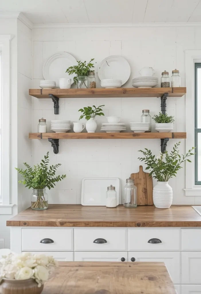 White beadboard backsplash combined with black pipe shelves for an industrial farmhouse look.