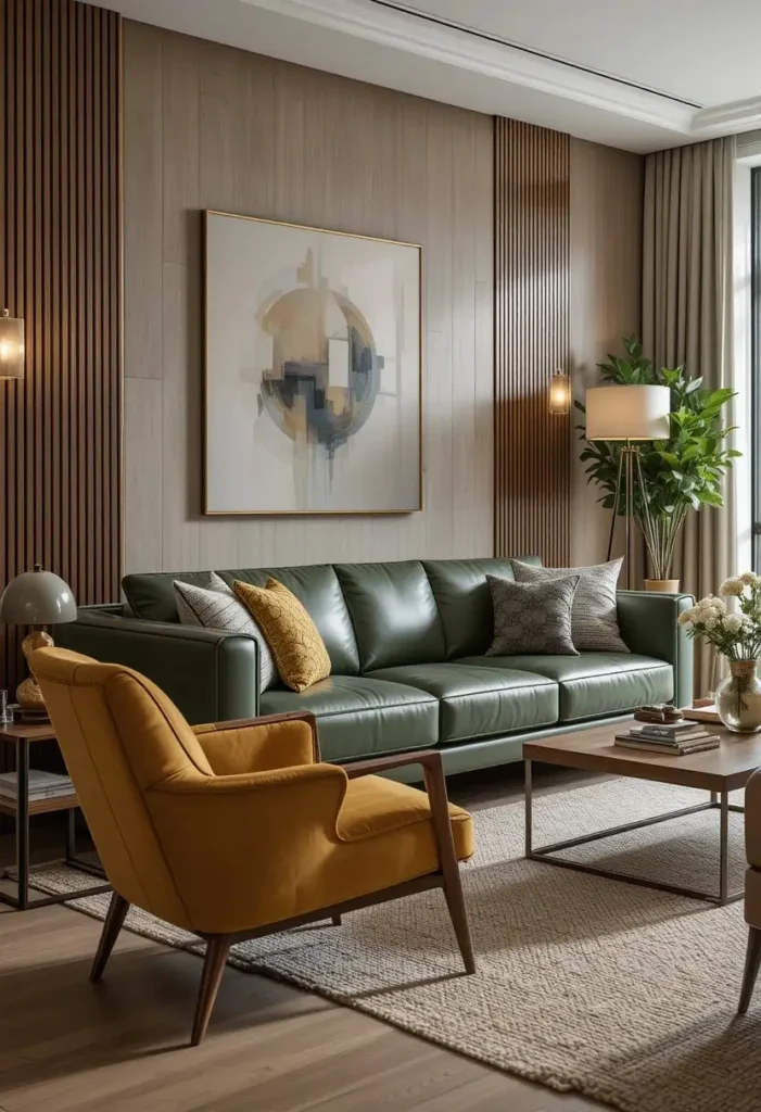 Green leather couch paired with a mustard accent chair for contrast and personality.