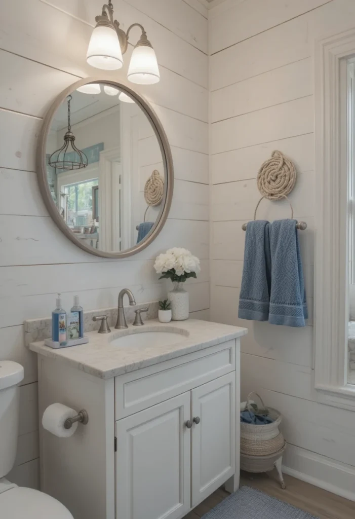 White shiplap bathroom with coastal-inspired decor and natural light