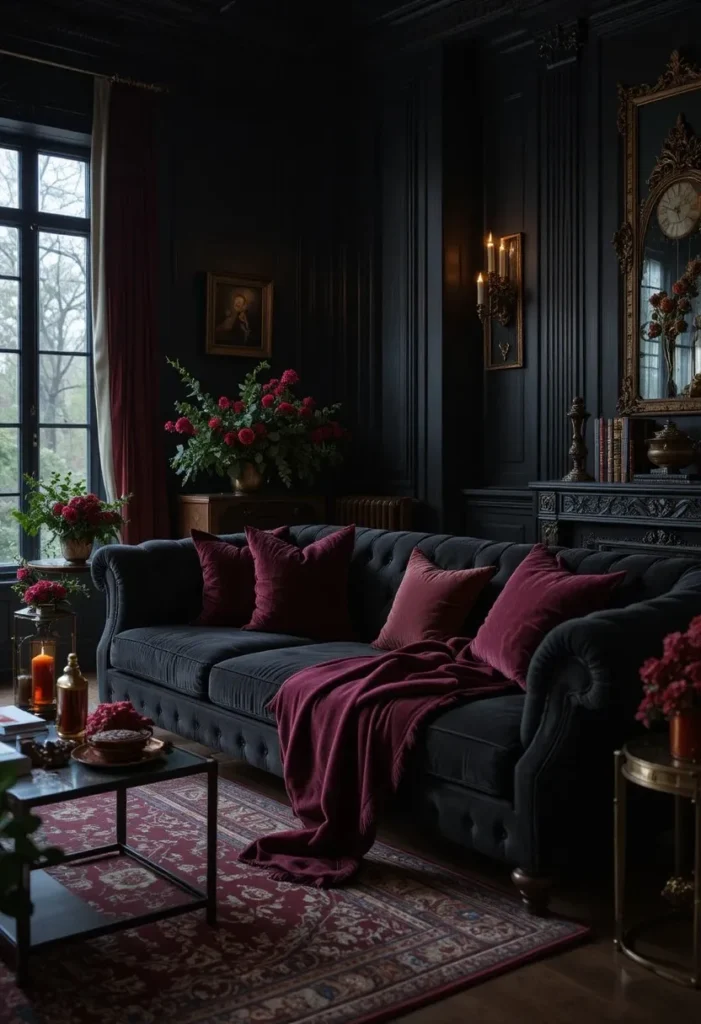 Black couch styled with burgundy accents for dramatic glamour.
