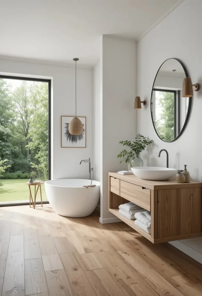 Wood-look porcelain floor tiles bringing warmth to a bathroom.