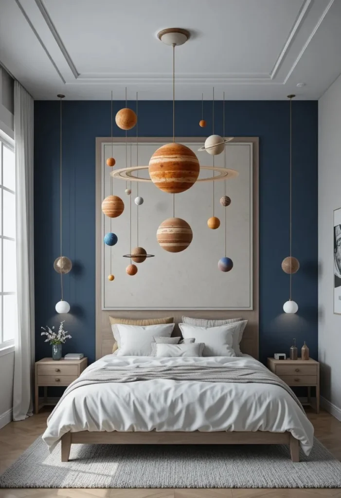 Solar system planet mobile hanging above a bed in a beautiful space themed bedroom.