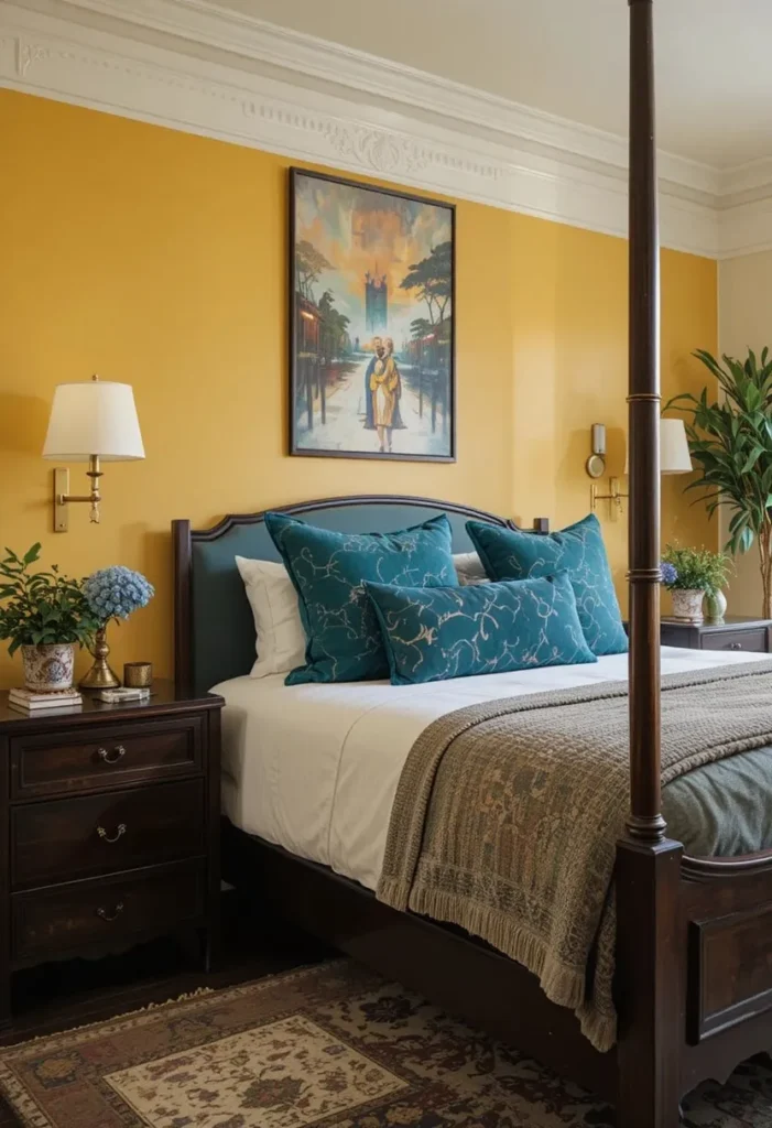 Mustard yellow accent wall adding warmth and personality to a bedroom.