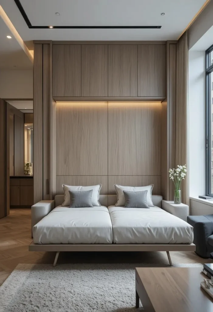 Murphy bed installed above a sofa in a compact studio apartment living space.