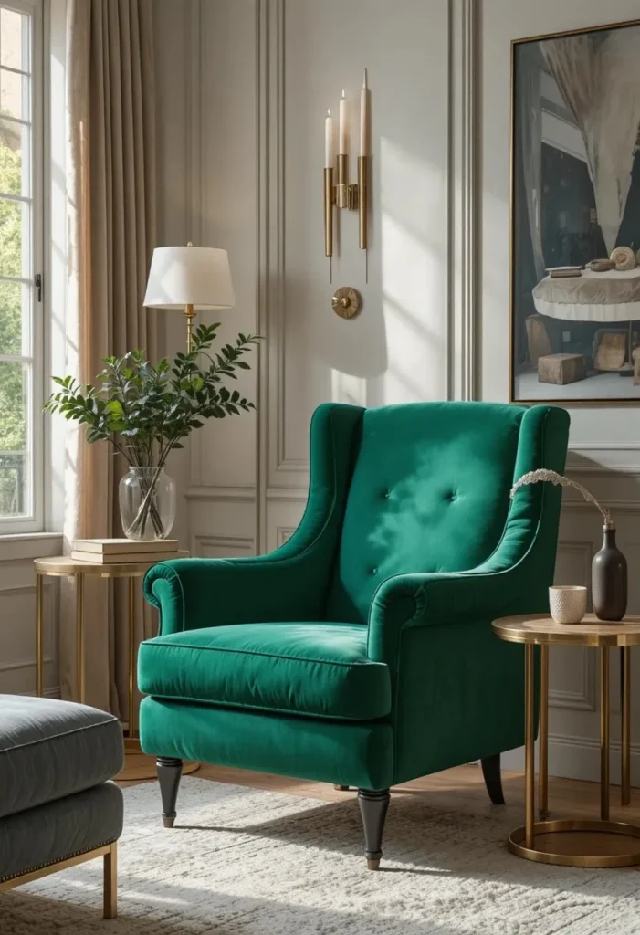 Emerald green velvet accent chair adding luxury and color to a living room.