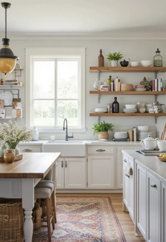 Open shelving built into the island ends for storage and display.