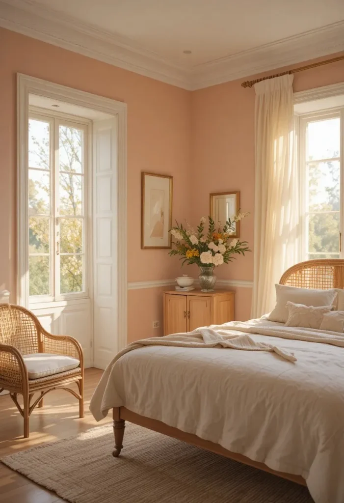 Soft peach bedroom walls paired with rattan furniture and cream decor.