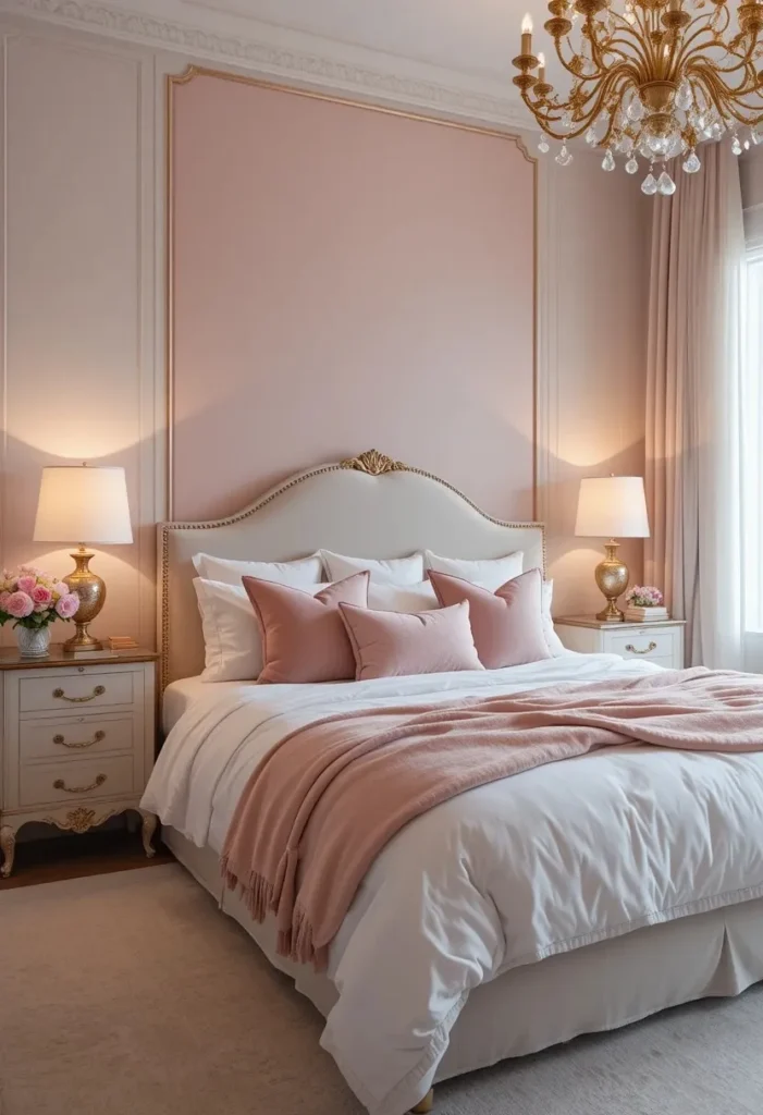 Blush pink accent wall with white bedding and gold accents.