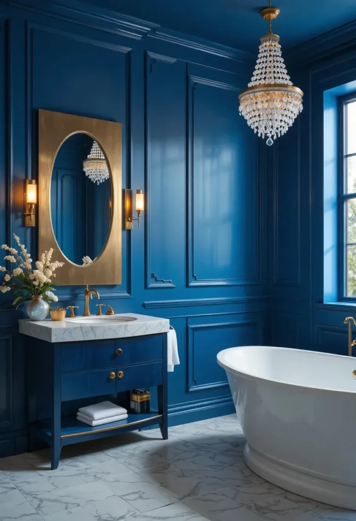 Elegant blue bathroom with luxurious gold fixtures, marble vanity, and sophisticated modern styling.