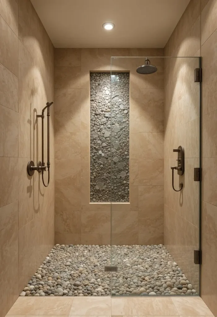 Walk-in shower bathroom featuring natural stone surfaces and warm organic textures.