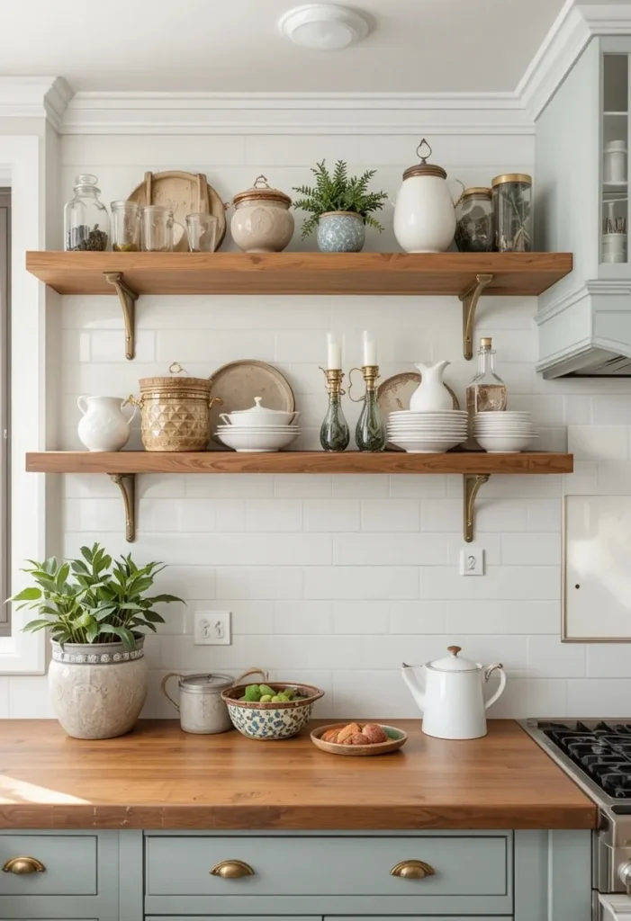 Wood floating shelves with brass brackets adding vintage charm.