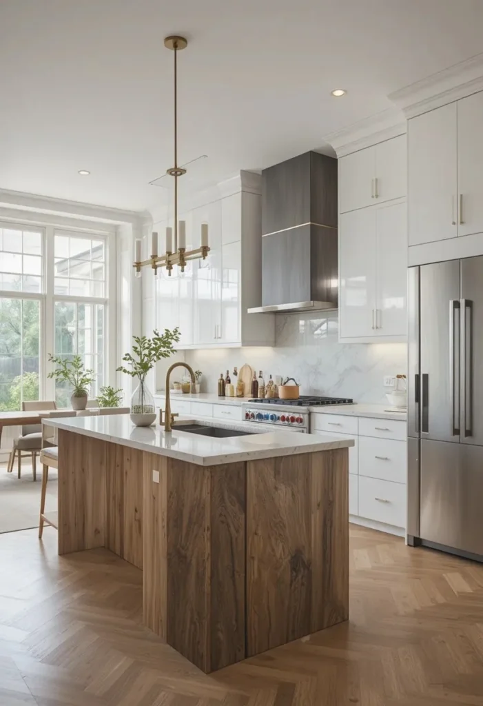One wall kitchen combining wood, marble, and painted cabinetry for visual interest.
