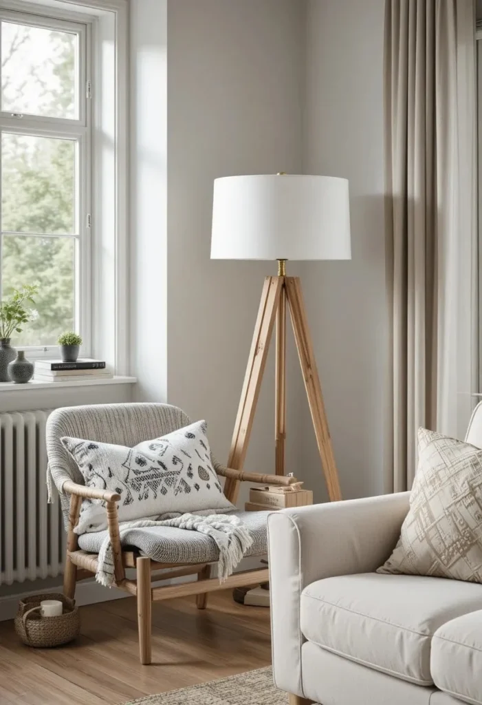 Wooden tripod floor lamp beside a reading chair in a Scandinavian living room.