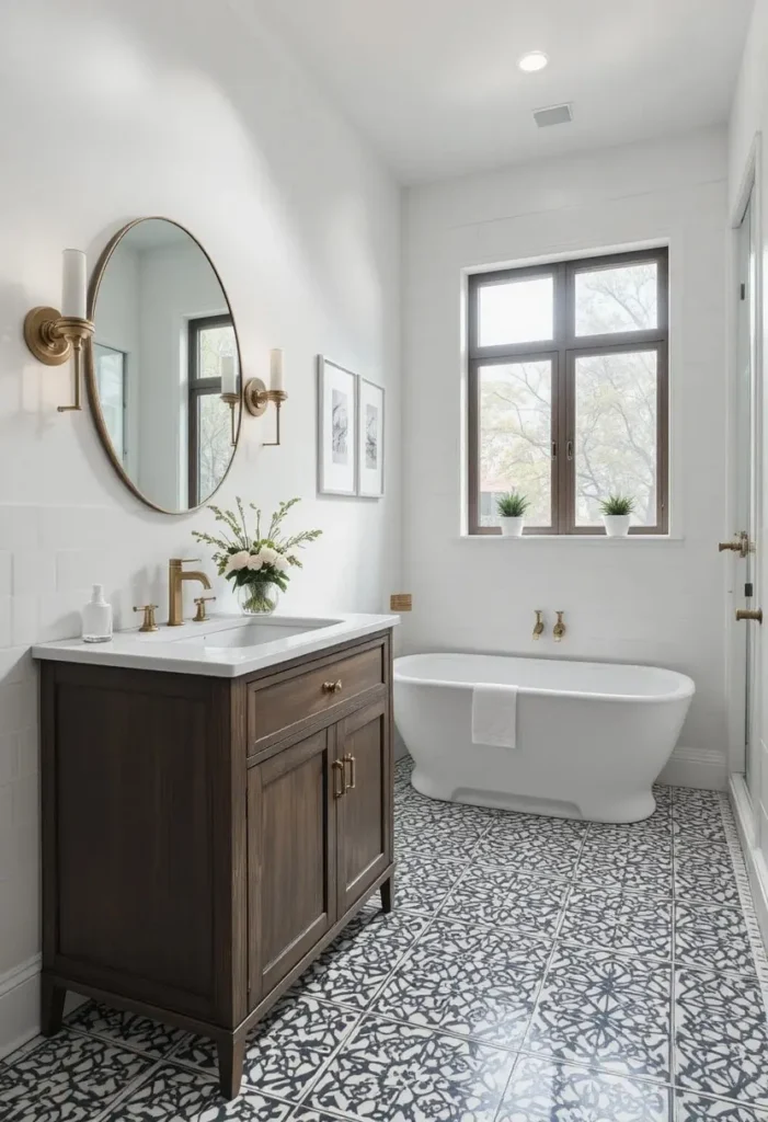 Guest bathroom featuring bold patterned floor tiles and bright decor