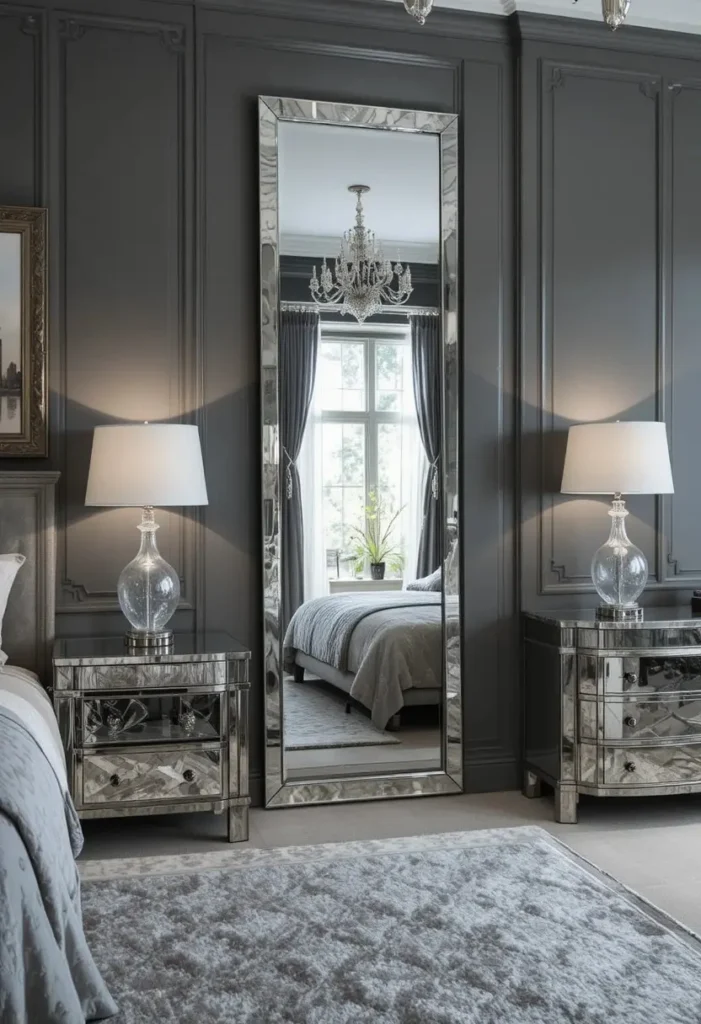 Gunmetal gray bedroom brightened with mirrored furniture and reflective decor.