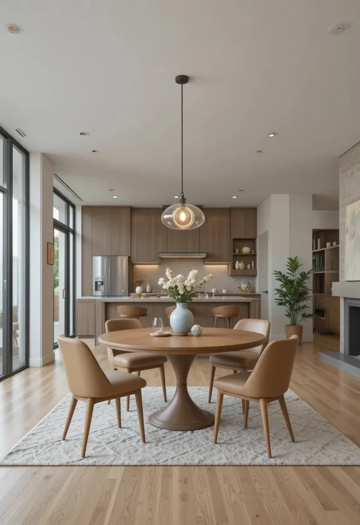 Round dining table creating a transition between kitchen and living room.