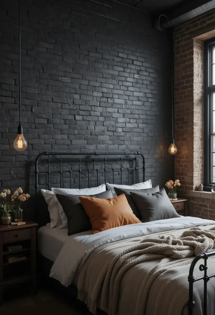 Black painted brick accent wall with industrial bedroom furnishings.