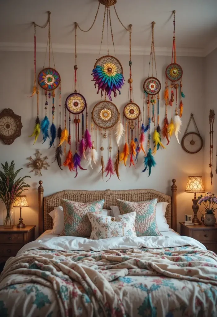 Rainbow dream catchers displayed above a bed in a colorful boho bedroom.