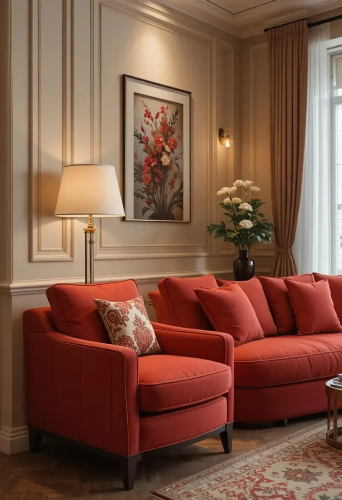 Red couch styled with a patterned accent chair in a cohesive living room.