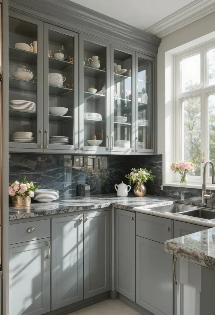 Glass-front cabinets helping a small kitchen feel larger and brighter.