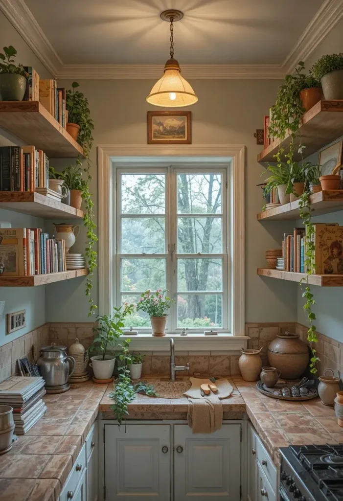 Cozy kitchen nook featuring floating shelves and decorative styling.