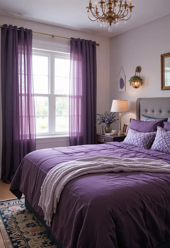 Affordable purple bedroom decorated with budget-friendly accessories and cozy accents.