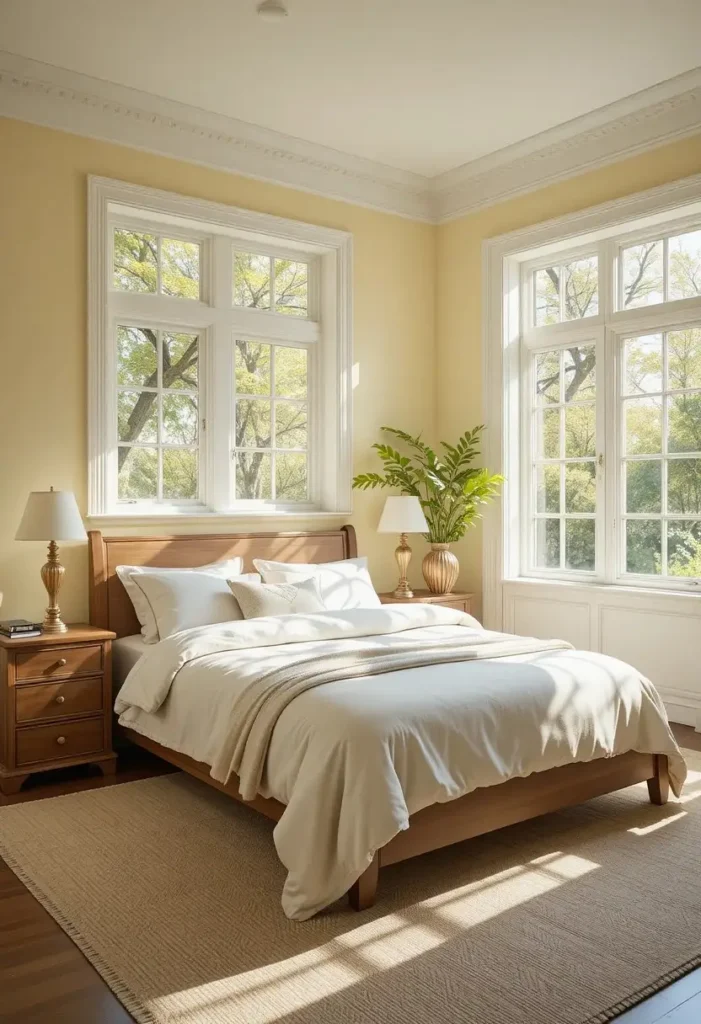 Butter yellow bedroom walls paired with white trim and white bedding for a soft and timeless look.