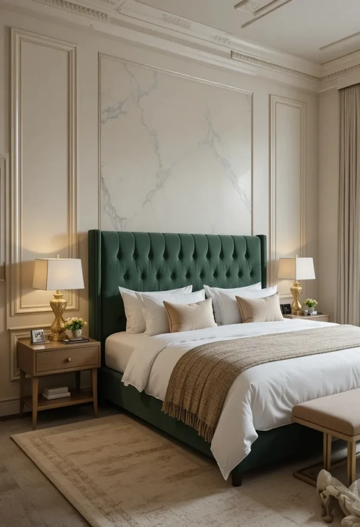 Luxurious bedroom with a tall dark green velvet headboard and neutral elegant decor